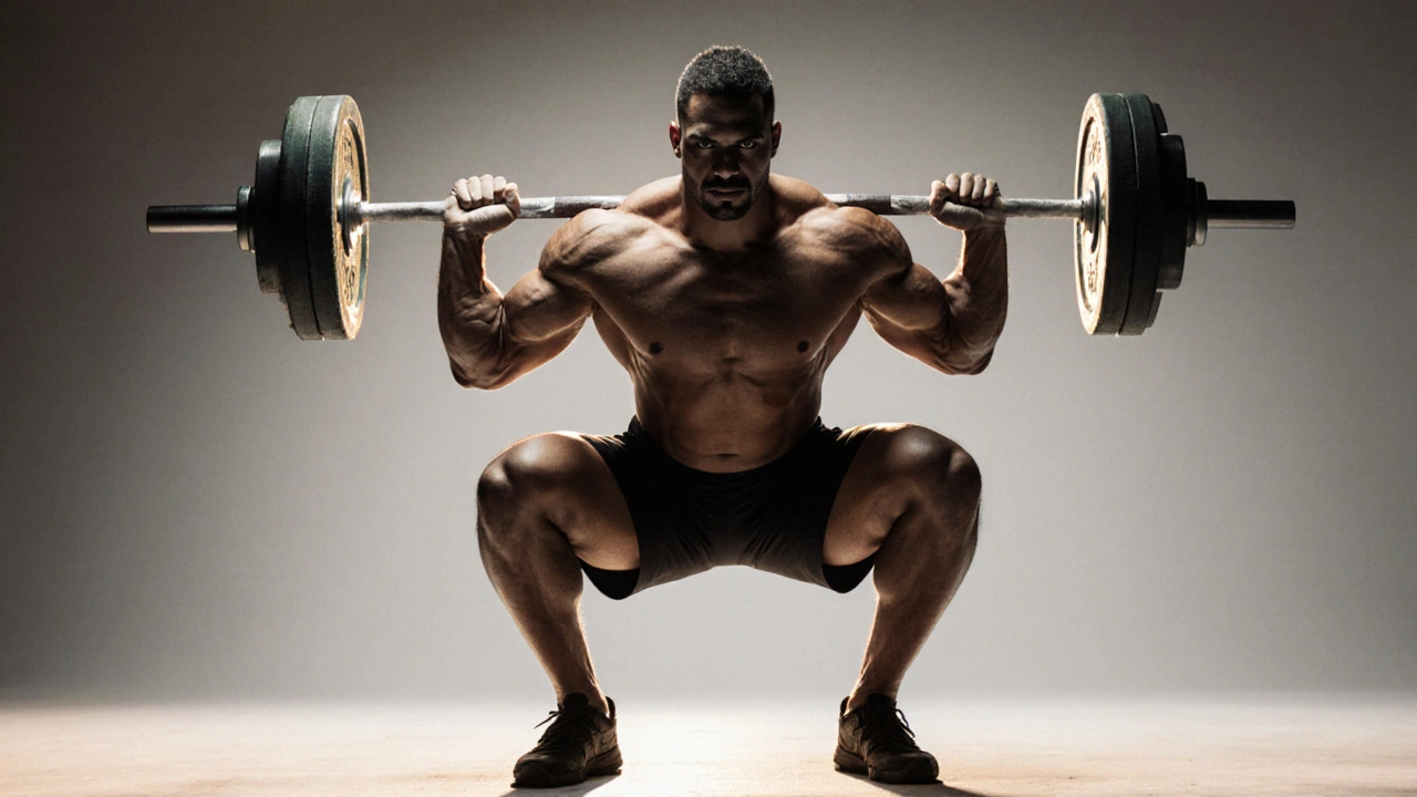 Atleta in pieno squat con bilanciere, evidenziati muscoli delle gambe e glutei