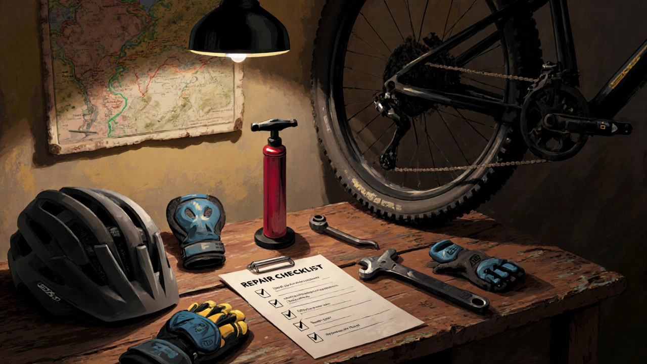 Attrezzi e protezioni per mountain bike disposti su tavolo in un bike shop italiano.