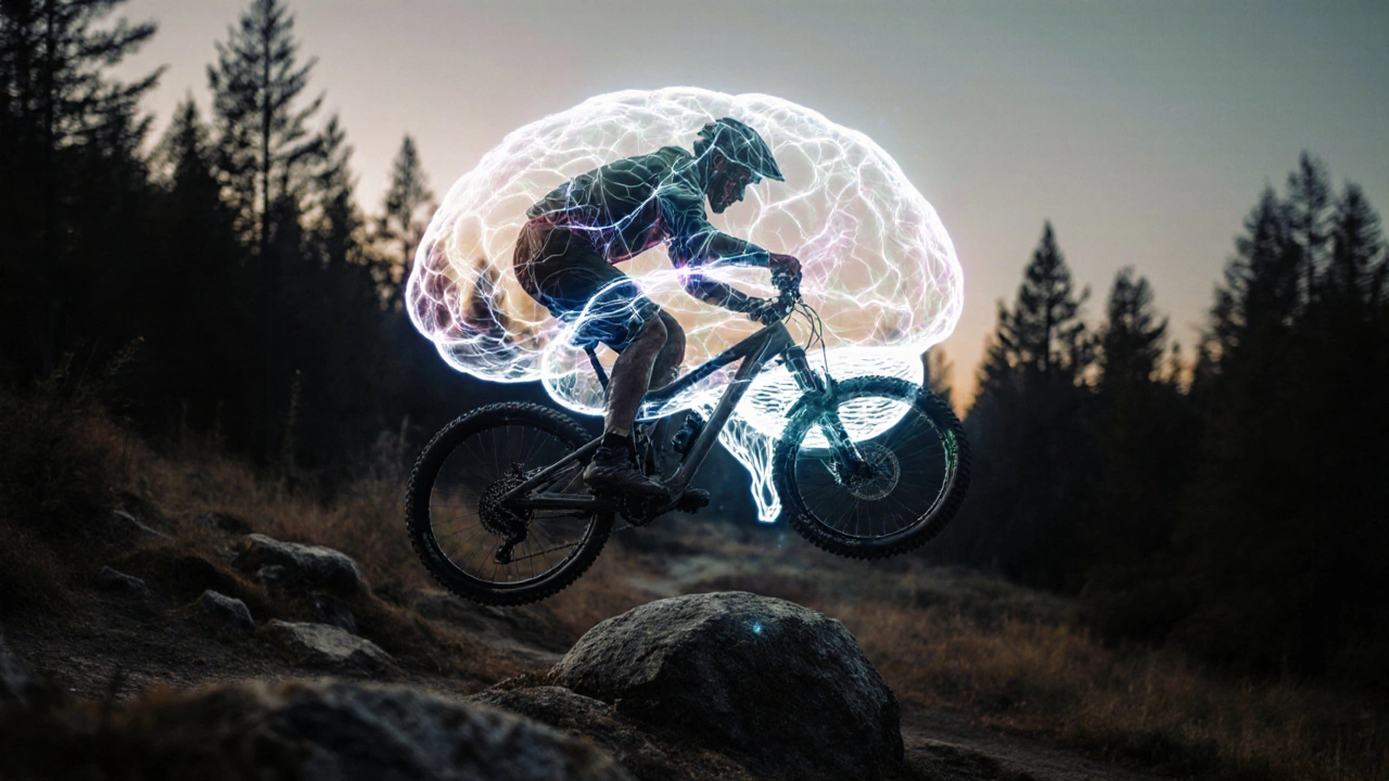 Ciclista in volo sovrapposto a un cervello che illumina, simbolo di attenzione e stanchezza.