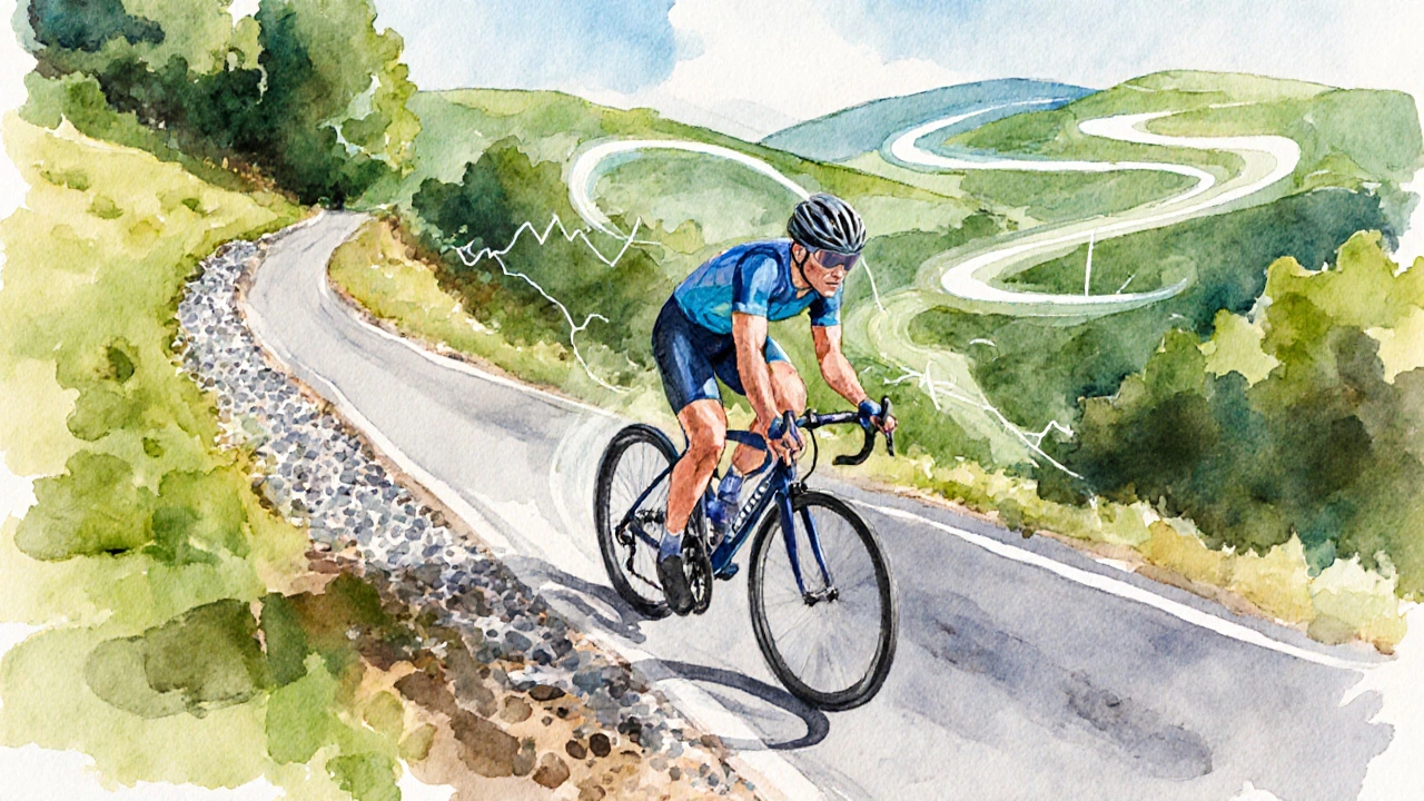 Ciclista su collina mista, con dettagli di terreni e linea pulsante intorno al corpo.