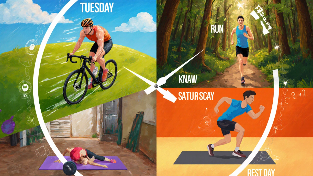 Collage circolare di una settimana di allenamento: ciclismo, corsa, forza e yoga.