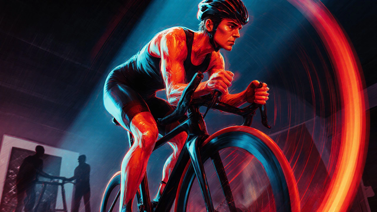 Persona su air bike in sprint, ventola che gira veloce e movimento dinamico