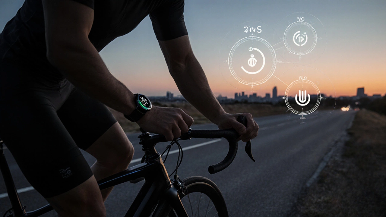 Runner accanto a bici al tramonto, controlla orologio e visualizza icone di monitoraggio.