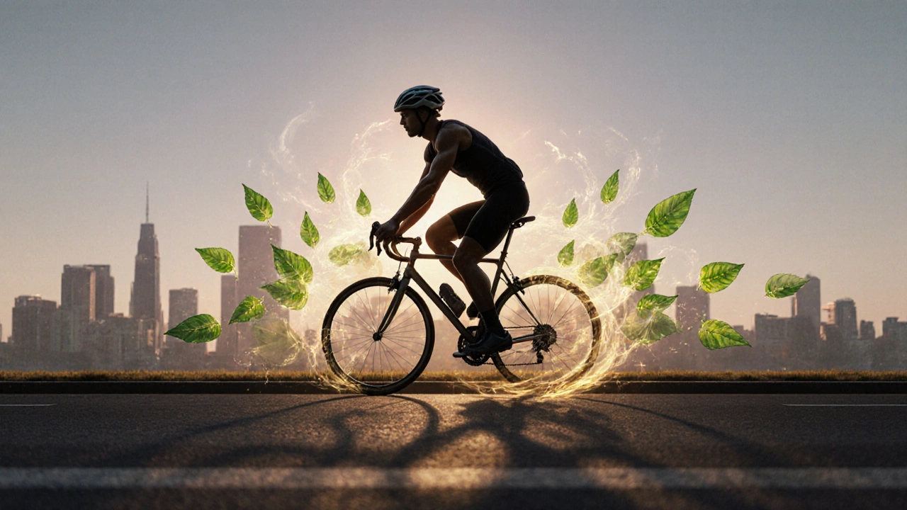 Silhouette di ciclista in città, con foglie verdi, aura dorata e skyline pulito.