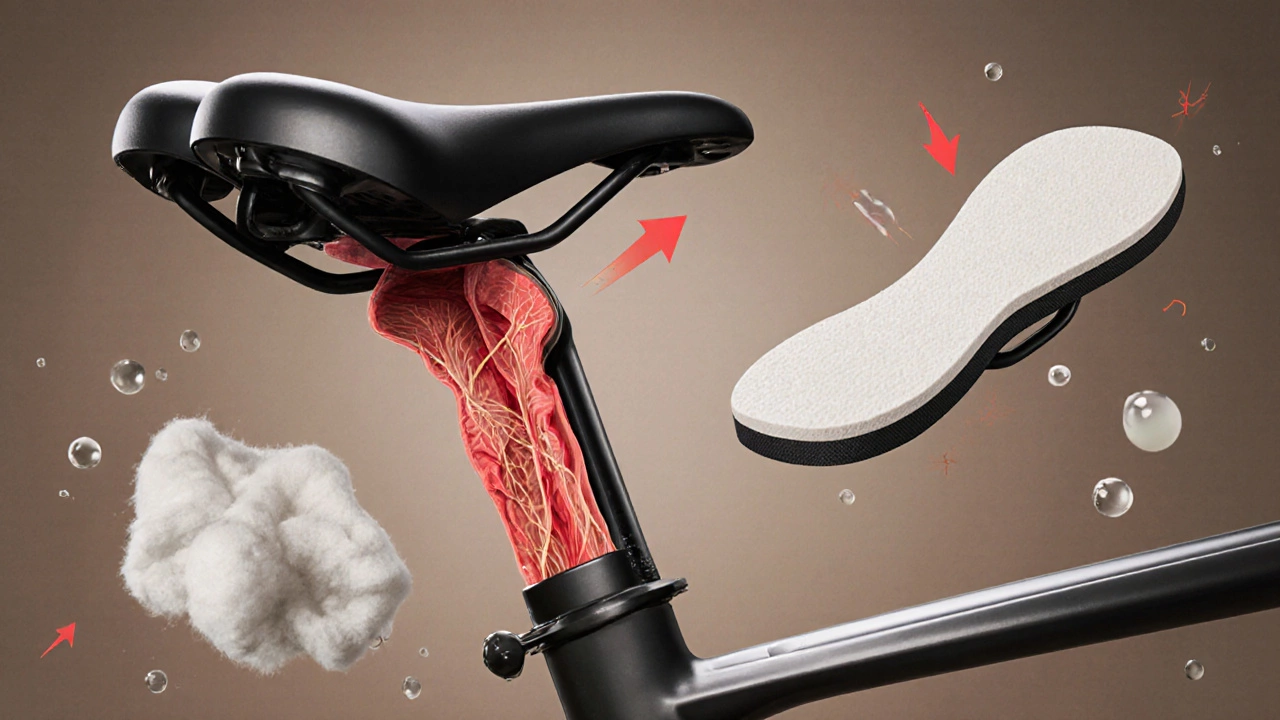 Sezione anatomico-illustrata della pressione sul perineo durante la pedalata senza mutandine da ciclismo.