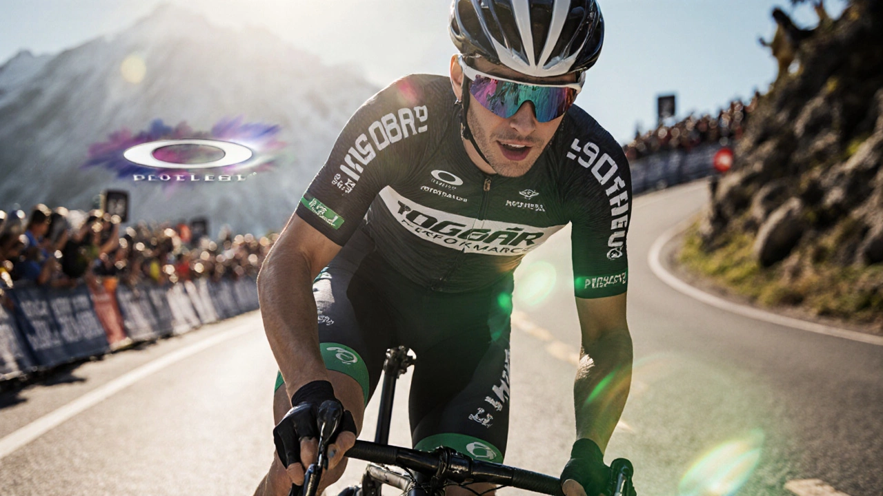 Tadej Pogačar racing on a mountain pass, wearing his own performance jersey.